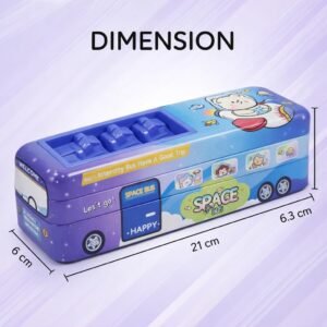 Double Decker Metal School Bus Pencil Box for Kids | Space Theme Geometry Box with Moving Wheels & 2-Layer Large Capacity Storage | Durable Stationery Organizer & Return Gift for Boys & Girls (Purple/Blue Space Bus Edition) - Image 4