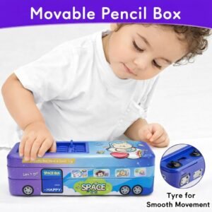 Double Decker Metal School Bus Pencil Box for Kids | Space Theme Geometry Box with Moving Wheels & 2-Layer Large Capacity Storage | Durable Stationery Organizer & Return Gift for Boys & Girls (Purple/Blue Space Bus Edition) - Image 3