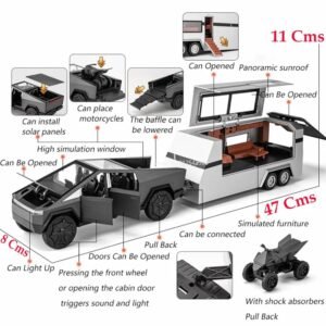 1:24 Scale Die-Cast Tesla Cybertruck Toy Set | Metal Pickup Truck with Detachable RV Camper Trailer & Cyberquad ATV, Lights & Sound Effects | Futuristic Pull Back Collectible Toy Gift for Kids & Adults (Green/Silver) - Image 4