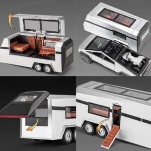 1:24 Scale Die-Cast Tesla Cybertruck Toy Set | Metal Pickup Truck with Detachable RV Camper Trailer & Cyberquad ATV, Lights & Sound Effects | Futuristic Pull Back Collectible Toy Gift for Kids & Adults (Green/Silver) - Image 3