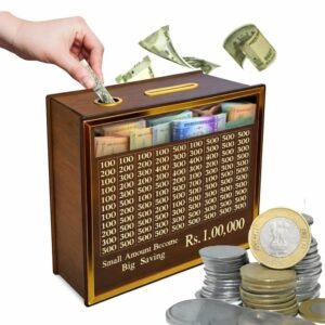 Wooden Money Saving Box | ₹1,00,000 Target Tracker Piggy Bank for Kids & Adults | Handcrafted Savings Bank with Tick-Off Goal Grid for Financial Planning | Reusable Decorative Money Saver for Home & Office - Image 3