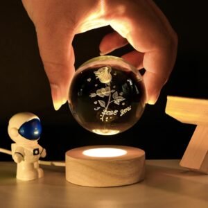 3D Crystal Ball Rose Night Light with Wooden Base – Glowing Glass Sphere Lamp with Laser Engraved Flower Design | Romantic Aesthetic LED Bedside Lamp with Warm Ambient Glow | Elegant Bedroom, Home Office & Table Decor Gift for Valentine’s Day, Anniversary & Birthdays - Image 5
