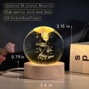 3D Crystal Ball Rose Night Light with Wooden Base – Glowing Glass Sphere Lamp with Laser Engraved Flower Design | Romantic Aesthetic LED Bedside Lamp with Warm Ambient Glow | Elegant Bedroom, Home Office & Table Decor Gift for Valentine’s Day, Anniversary & Birthdays - Image 3