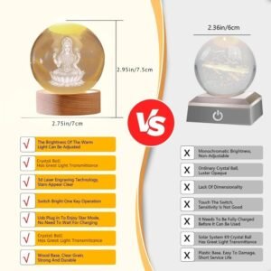 Divine 3D Crystal Ball Night Light with Wooden LED Base | Goddess Laxmi Laser Engraved Glass Sphere Lamp for Prosperity & Spiritual Decor | USB Powered Mahalakshmi Night Lamp for Puja Room, Home, Office & Diwali Gifting - Image 3