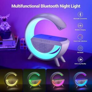 4-in-1 Smart G-Shape RGB LED Atmosphere Lamp with Fast Wireless Charger | Bluetooth Speaker, Sunrise Alarm Clock & Music Sync Bedside Night Light | Multi-Color Ambient Lighting Lamp for Bedroom, Office, Yoga, Relaxation & Gift Decoration - Image 3
