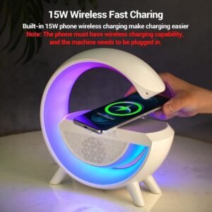 4-in-1 Smart G-Shape RGB LED Atmosphere Lamp with Fast Wireless Charger | Bluetooth Speaker, Sunrise Alarm Clock & Music Sync Bedside Night Light | Multi-Color Ambient Lighting Lamp for Bedroom, Office, Yoga, Relaxation & Gift Decoration - Image 4
