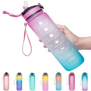 1000ml Motivational Water Bottle with Time Marker & Straw | BPA-Free Leakproof Sports Bottle with Carry Strap & Gradient Frost Design | Fitness Water Jug for Gym, Yoga, School & Travel - Image 3