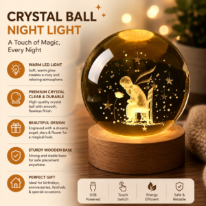 3D Crystal Ball Night Light for Kids | Laser Engraved Little Boy & Stars Glass Orb with USB Wooden Base | LED Bedroom Decor & Gift - Image 3