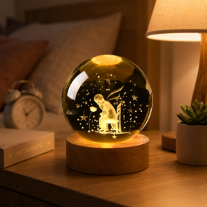 3D Crystal Ball Night Light for Kids | Laser Engraved Little Boy & Stars Glass Orb with USB Wooden Base | LED Bedroom Decor & Gift - Image 4