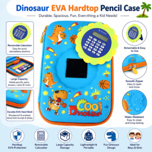3D Dinosaur EVA Hardtop Pencil Case for Boys & Girls | Large Capacity Jumbo Stationery Organizer with Removable Calculator & Double Zipper | Shockproof Lightweight School Pencil Box (Blue) - Image 4