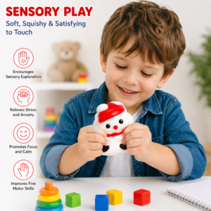 Snowman Stress Relief Squeeze Toy | Slow-Rising Memory Foam Squishy & Soft Silicone Sensory Fidget for Kids & Adults, Anti-Roll Design, Durable Non-Toxic Stress Reliever for Anxiety, Hand Therapy & Office Focus (White/Red) - Image 3
