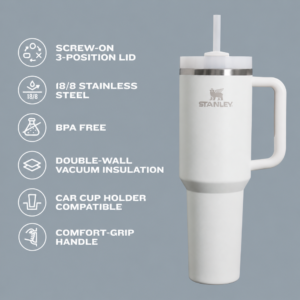 Stanley STNXV1401 Vacuum Insulated Tumbler with Handle | 40oz Stainless Steel Travel Mug with Splash-Resistant Straw-Friendly Lid & Soft-Grip Handle | Premium Reusable Water Bottle for Car Cup Holders – Classic Cream White with Gold Accent Logo - Image 3