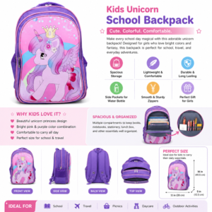 Unicorn Preschool Backpack for Girls | Lightweight Water-Resistant Kids School Bag with Cute 3D Unicorn Design | Ergonomic Nursery Rucksack with Breathable Padded Straps & Multi-Compartment Storage | Durable Kindergarten & Travel Backpack for Toddlers (Purple) - Image 4