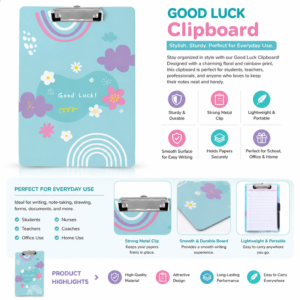 Designer Exam Clipboard for Students | Heavy Duty A4 Writing Pad with Motivational “Good Luck” Print | Premium Transparent Clipboard with Aesthetic Floral & Rainbow Design | Durable Metal Clip Board for School, College, Office & Board Exams (Blue) - Image 4