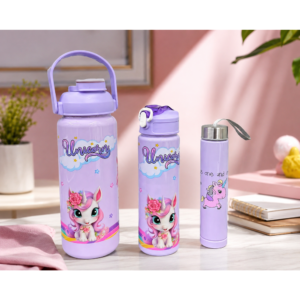 Kids Unicorn Water Bottle Set of 3 | Motivational Sipper Bottles with Straw & Carry Strap | Leakproof BPA-Free Sports Water Bottles for School, Travel & Outdoor | Purple - Image 3