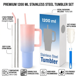 1200ml Insulated Stainless Steel Tumbler with Handle & Straw | Leakproof Vacuum Travel Mug for Hot & Cold Drinks | BPA-Free Cupholder-Friendly Bottle | Pink-Blue Gradient - Image 3
