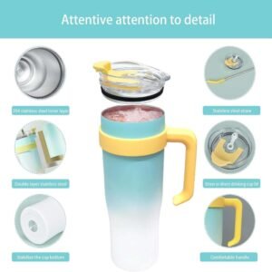 Stanley WBXV721 Vacuum Insulated Tumbler with Handle | Stainless steel travel mug featuring double-wall vacuum insulation, splash-resistant lid, teal ombre and white gradient finish, ergonomic yellow comfort-grip handle, and car cup holder compatibility for hot and cold drinks - Image 3