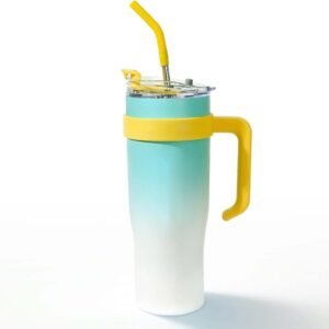 Stanley WBXV721 Vacuum Insulated Tumbler with Handle | Stainless steel travel mug featuring double-wall vacuum insulation, splash-resistant lid, teal ombre and white gradient finish, ergonomic yellow comfort-grip handle, and car cup holder compatibility for hot and cold drinks - Image 4