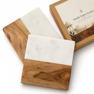 Marble + Wood Coaster Set of 2 – Square 4" - Image 1